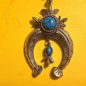 Horseshoe Squash Blossom Necklace, Signed Art, Blue Faux Turquoise, Silvertone